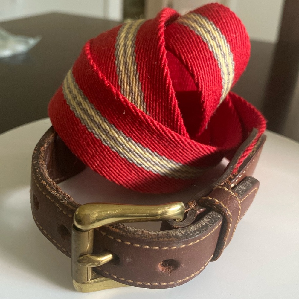 Vintage Dooney & Bourke Leather Red Wool Surcingle Belt, Brass Buckle | Size 40